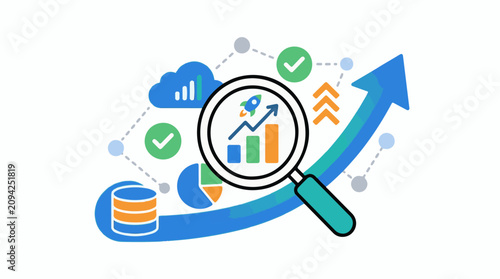 Magnifying glass over growth chart with rocket cloud and data