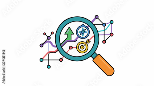 Magnifying glass over network graph with icons for growth direction and success