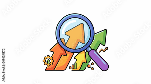 Magnifying glass over rising arrows and charts signifying growth analysis