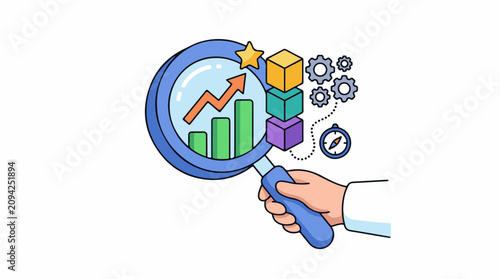 Magnifying glass over rising graph and cubes with gears and compass