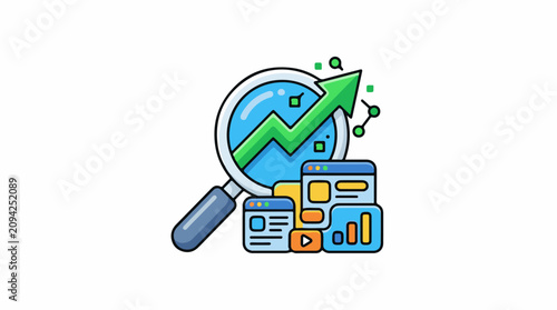 Magnifying glass reveals growing chart and website analytics