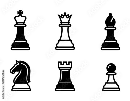 Obraz na płótnie Black and White Chess Pieces Icons Set, Strategy Game Symbols, Classic Board Gam