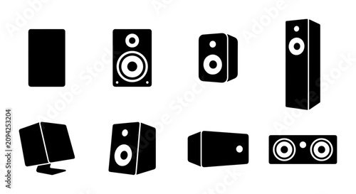 Schilderij op canvas Audio Speaker Icons Set, Sound System Vector Graphics, Music Equipment Collectio