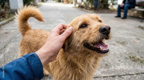 Joyful scruffy golden dog being petted by its owner on a city sidewalk during a sunny day shows the deep emotional bond and companionship between a human and their loyal furry animal friend in the