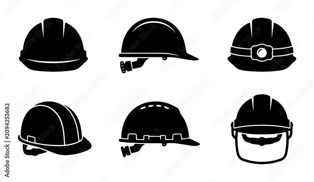 Fototapeta premium Hard Hat Icons Set: Safety Helmets, Construction Caps, Protective Gear, Industrial Headwear, Vector Graphics