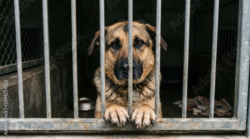 Sad German Shepherd crossbred dog named Buster looking through animal shelter cage bars with hopeful eyes waiting for adoption and a forever home in a rescue facility showing animal welfare needs soon
