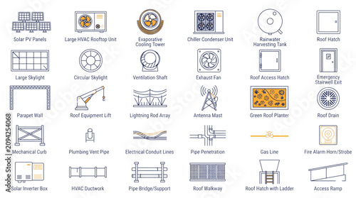 Rooftop building services and equipment icons