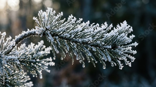 Frozen pine branch covered in frost and ice crystals