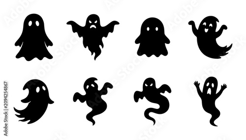 Fotografie Spooky Halloween Ghost Icons Set, Black Silhouette Vector Graphics for Festive D