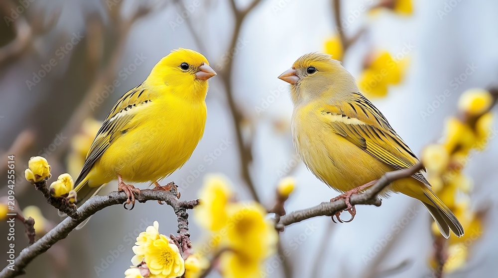 Obraz premium Two Bright Yellow Canaries Perched on Branch with Flowering Plum Blossoms Background.