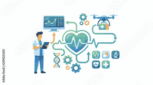 Medical technology integration healthcare professional drone DNA icons