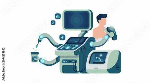 Medical technology with robotic arms screen and human figure