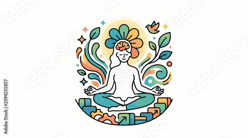 Meditating figure with floral head brain and ascending blocks