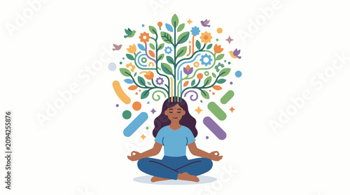 Meditating person with a flourishing mind of nature and abstract shapes