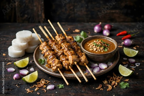 Grilled meat skewers with peanut sauce and sides