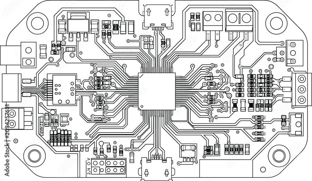 Obraz premium Electronic Circuit Board PCB Layout Technical Drawing with Microcontroller Components and Printed Circuit Trace Design