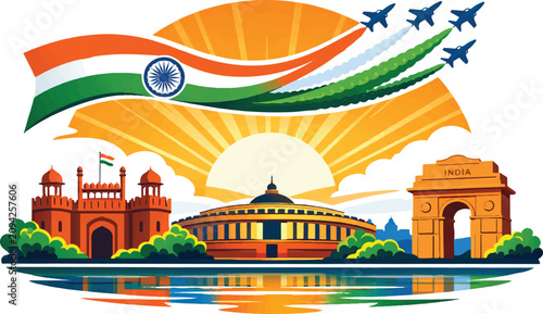 Web  Indian Sunrise Patriotic Vector — Red Fort, Parliament House & India Gate with Tricolor Jets 