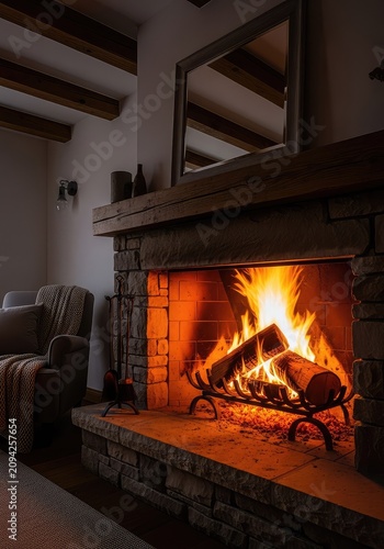 A warm glowing fireplace with burning logs and dancing orange flames creates a peaceful evening atmosphere in a rustic living room setting, decorative, cabin, dark