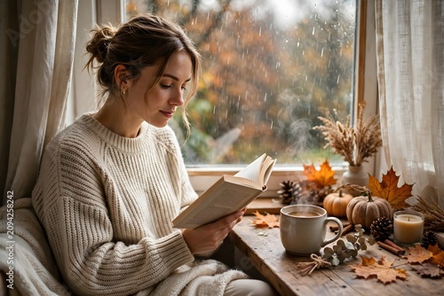 Woman reading book by window with autumn decorations