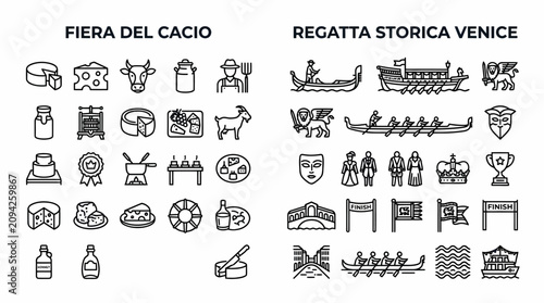 Cheese Festival and Venice Regatta Icons Set