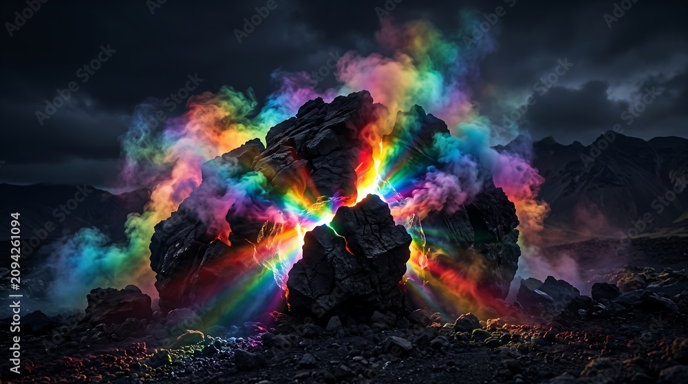 Obraz premium Large volcanic rock emitting vibrant rainbow colored smoke and glowing magical light rays in a dark desolate mountain landscape setting