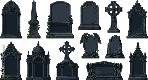 Tableau sur toile Gothic Headstone and Tombstone Vector Collection Featuring Old Cemetery Graves C