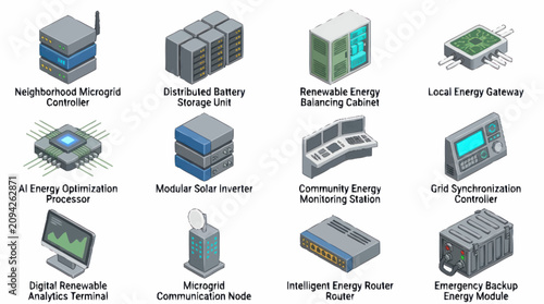 Konstfotografi Collection of Modern Energy Storage and Grid Technology Devices.