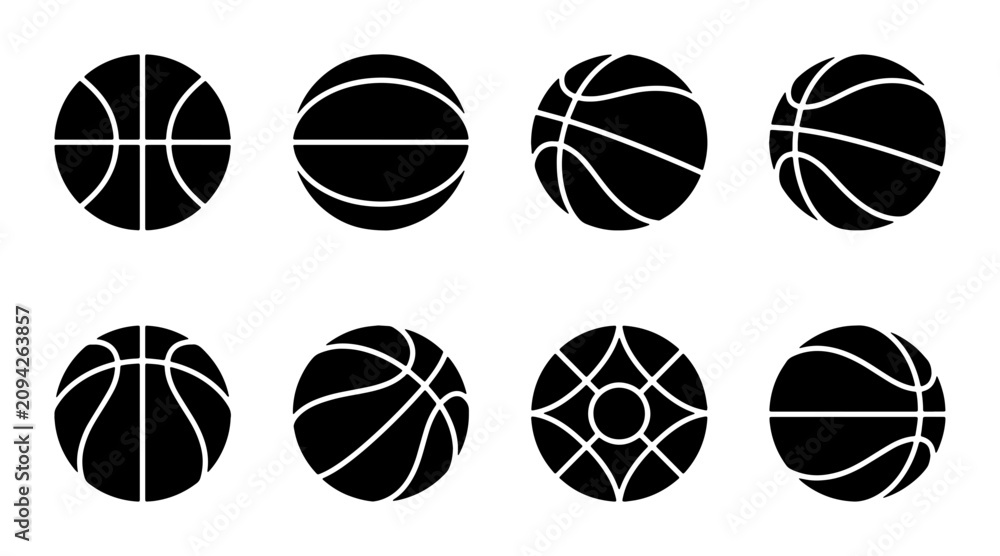 Obraz premium Set of 8 Black Basketball Icons, Sport Game Equipment Vector Graphics, Athletic Competition Symbols
