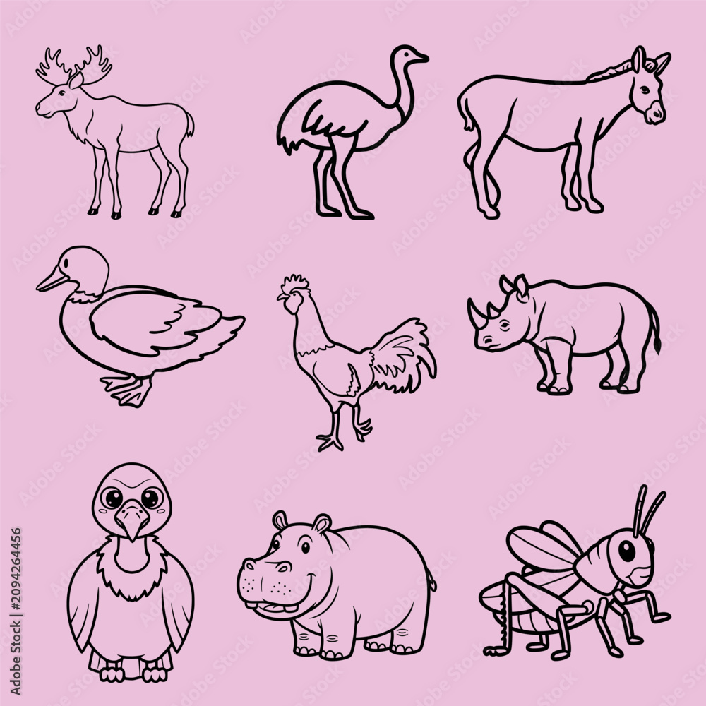 Fototapeta premium Animal Outline Vector Icons – Mixed Wildlife and Farm Line Art