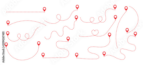 Simple route map icon with location pin. Route dash line with location pin. dotted travel path symbol, navigation journey graphic element. Hand drawn curve dotted line vector set.