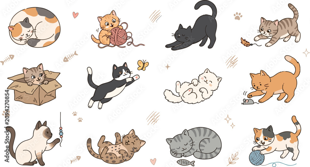 Obraz premium Cute cartoon kitten vector character set featuring playful cats sleeping scratching stretching jumping catching butterflies and playing with yarn balls