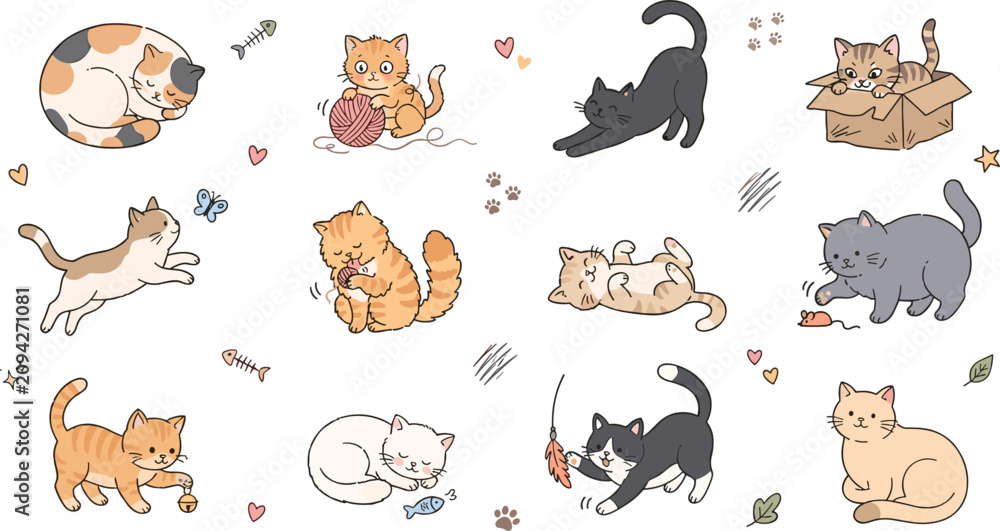 Fototapeta premium Cute cartoon kitten vector character set featuring playful little cats sleeping stretching jumping catching butterflies and playing with toy mice