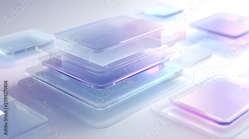 Futuristic ai copilot interface with stacked transparent cards with stack transparent rectangular interface white background intelligence interaction