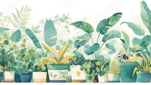 A clean horizontal watercolor painting showing a beautiful row of various lush green potted houseplants aligned neatly against a plain white background
