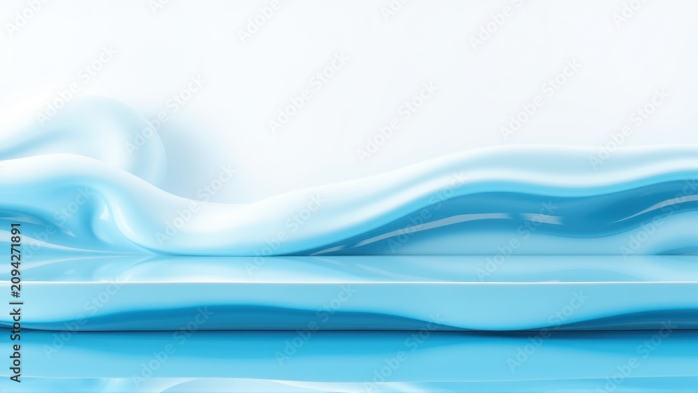 Fototapeta premium Abstract waves, fluid shapes, cool blues, glossy surface. Minimalist design, smooth texture, elegant composition. Light reflection creates depth.