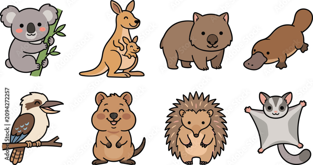Fototapeta premium Cute Australian Animals Vector Character Set with Koala, Kangaroo, Wombat, Platypus, Kookaburra, Quokka, Echidna, and Sugar Glider Illustrations