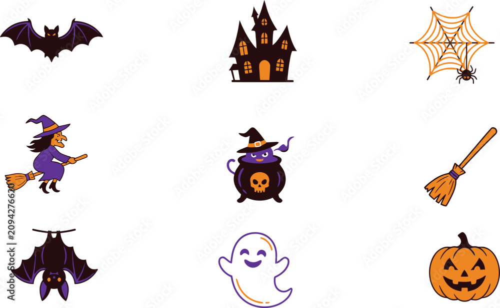Fototapeta premium Halloween decoration graphics haunted house bat spiderweb witch cauldron pumpkin with halloween