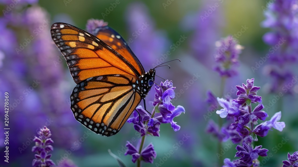 Obraz premium A monarch butterfly perched gracefully on a purple lavender flower in a lush garden, with the butterflyâ€™s wings fluttering slightly in the breeze.