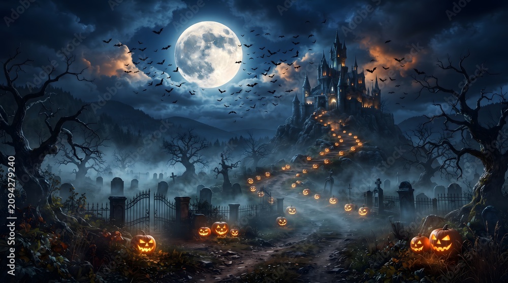 Obraz premium Halloween Night Background with Haunted Castle Pumpkins Full Moon and Graveyard