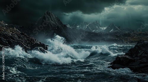 A powerful ocean scene with enormous waves crashing against jagged rocks under a dark, moody sky.