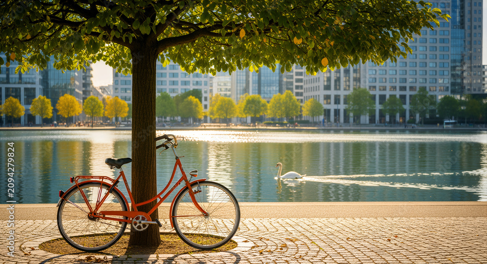 Fototapeta premium Vintage orange bicycle parked under a tree by a city lake. A white swan swims in the water with modern buildings in the background. Eco-friendly urban lifestyle concept for sustainable travel.