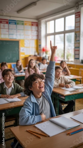 The child raises their hand to answer in class.