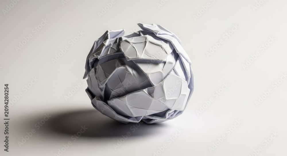 Naklejka premium A single crumpled white ball of paper sits isolated on a clean white background, showcasing detailed textures, shadows, and folded creases, idea, blank, sheet