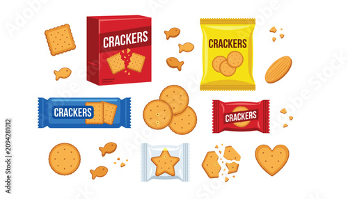 Photos Assorted crispy snack crackers and product packaging including boxes bags and wrappers flat vector illustration set isolated on white background