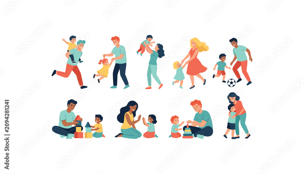 Fototapeta premium Happy parents playing with kids including mothers fathers daughters and sons flat vector illustration collection isolated on white background.