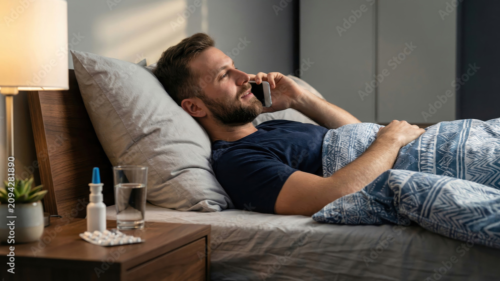 Fototapeta premium Man comfortably resting in bed, talking on a smartphone, with medicine and water on his nightstand.