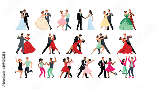 Schilderij op canvas Elegant couples dancing ballroom tango salsa and waltz in beautiful outfits flat vector illustration set isolated on white background