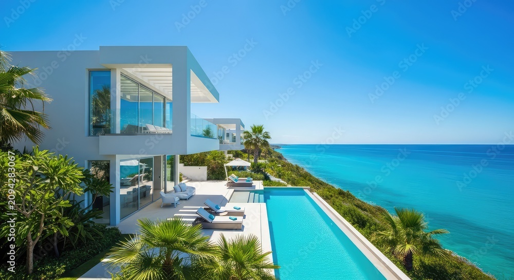 Fototapeta premium A stunning white architectural villa overlooks the turquoise sea with a clear infinity pool, lush greenery, and bright summer sunlight, landscape, elegant, water