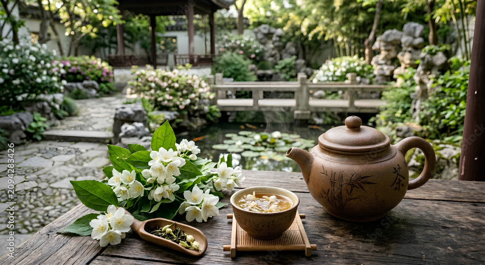 Fototapeta premium Serene outdoor garden scene with water feature, flowers, and traditional pottery