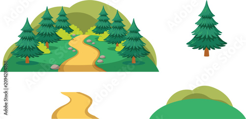 Canvastavla Forest path landscape with pine trees vector illustration asset set